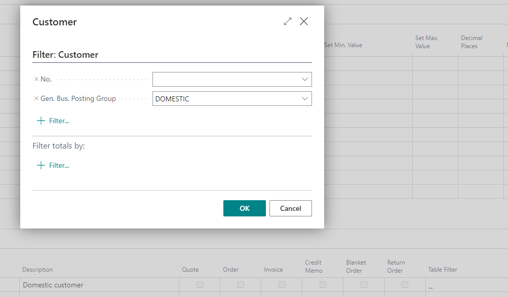 Filter dialog for Customer table with fields to filter by Customer No. and Gen. Bus. Posting Group, which is set to 'DOMESTIC'. OK and Cancel buttons are shown at the bottom.