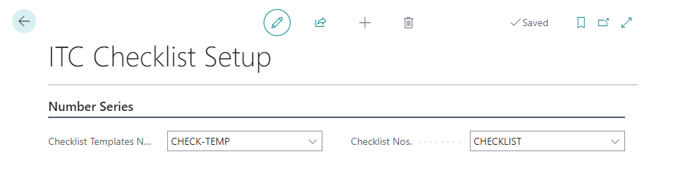 ITC Checklist Setup page ITC Checklist Setup screen showing number series configuration with 'CHECK-TEMP' selected for Checklist Templates Nos. and 'CHECKLIST' selected for Checklist Nos.