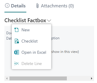 Checklist Factbox menu with options to create a new item, open the checklist, export to Excel, or delete a line.