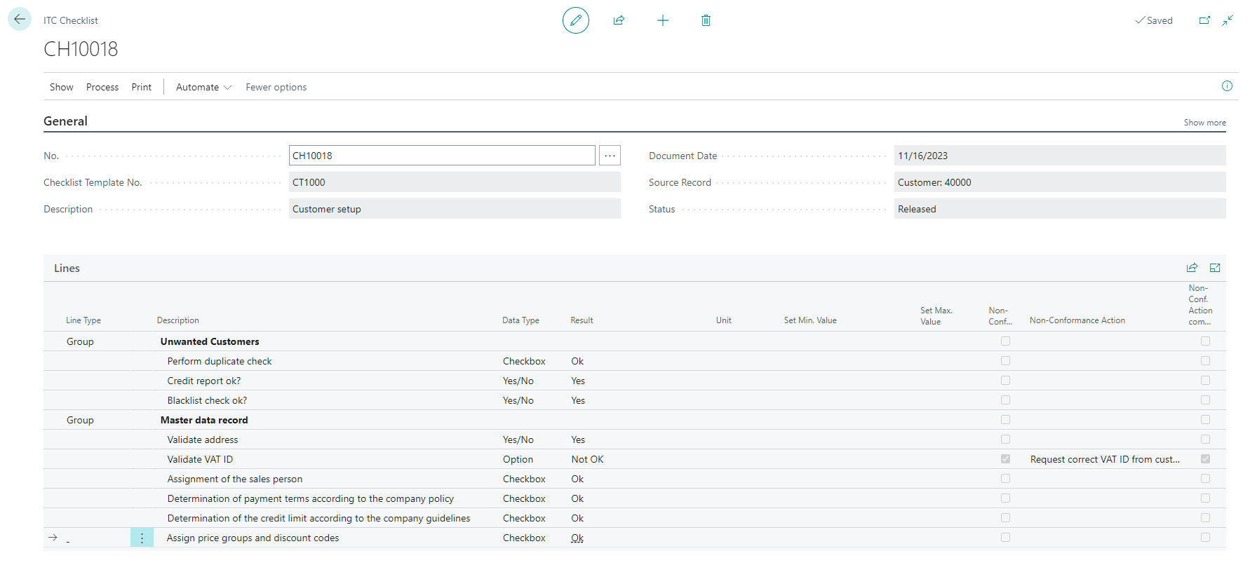 Example of a released checklist Released ITC Checklist CH10018 for customer setup, showing grouped validation tasks under 'Unwanted Customers' and 'Master data record', with result values such as 'OK', 'Yes', and 'Not OK'. One task includes a non-conformance action to request the correct VAT ID.